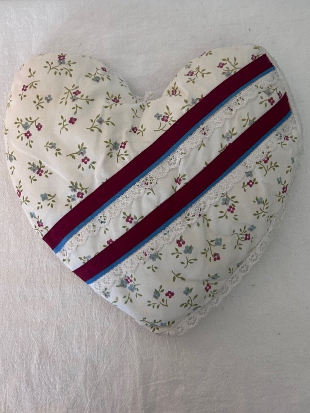Vintage Heart Pillow with Flowers Lace Trim 1980s
